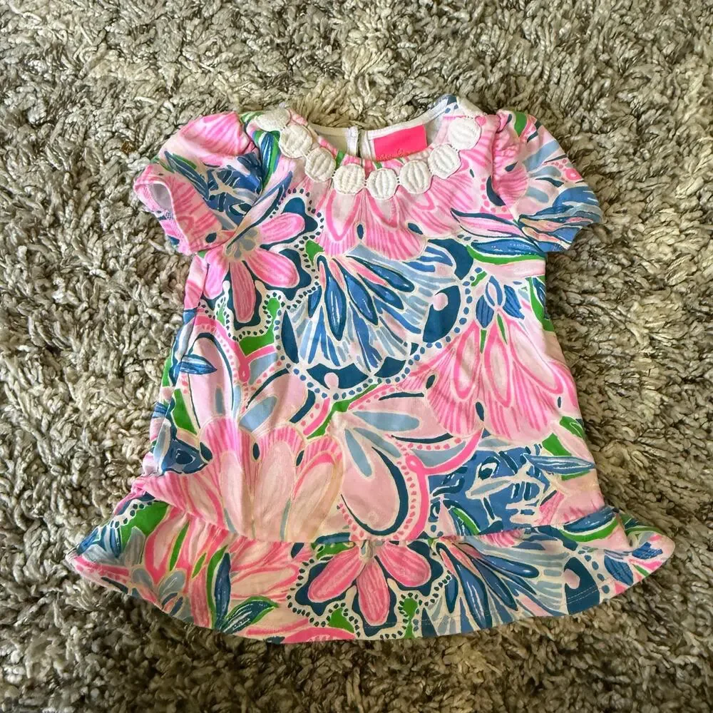 Lilly Pulitzer Dress Baby Girl 6-12 Months Blue Pink Ruffle Dominique Shift